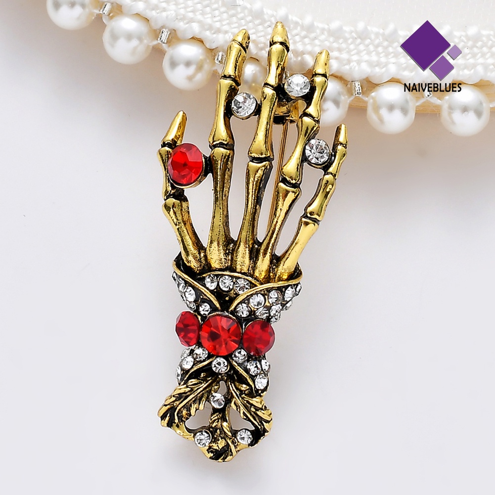 &lt; Naiveblues &gt; Unisex Berlian Imitasi Tengkorak Tangan Bros Pin Kerah Denim Lencana Halloween