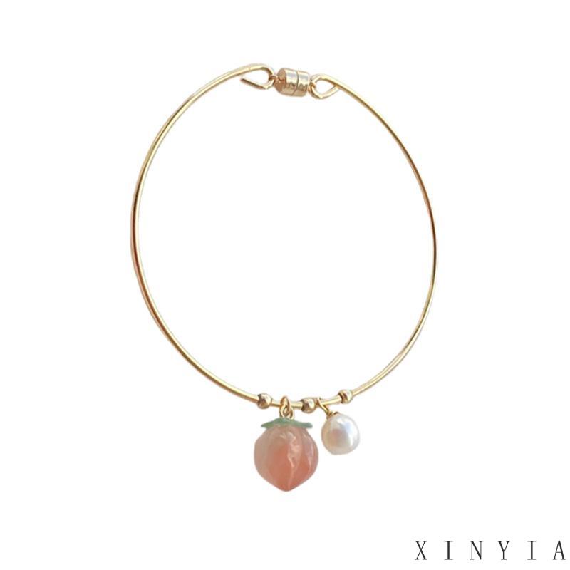 【Bayar di tempat】Gelang Tangan Rantai Liontin Buah Peach Warna Pink Untuk Wanita