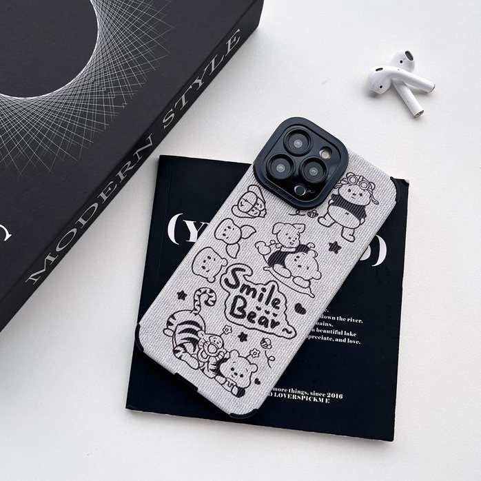 So Cute Gray Grey Winnie Bear Leather Soft Case iP iPhone 7 8 Plus SE 2020 X XR XS Max 11 12 13 14 Pro Max 14 Plus Camera Protect Cartoon Anime Crayon Shin-chan