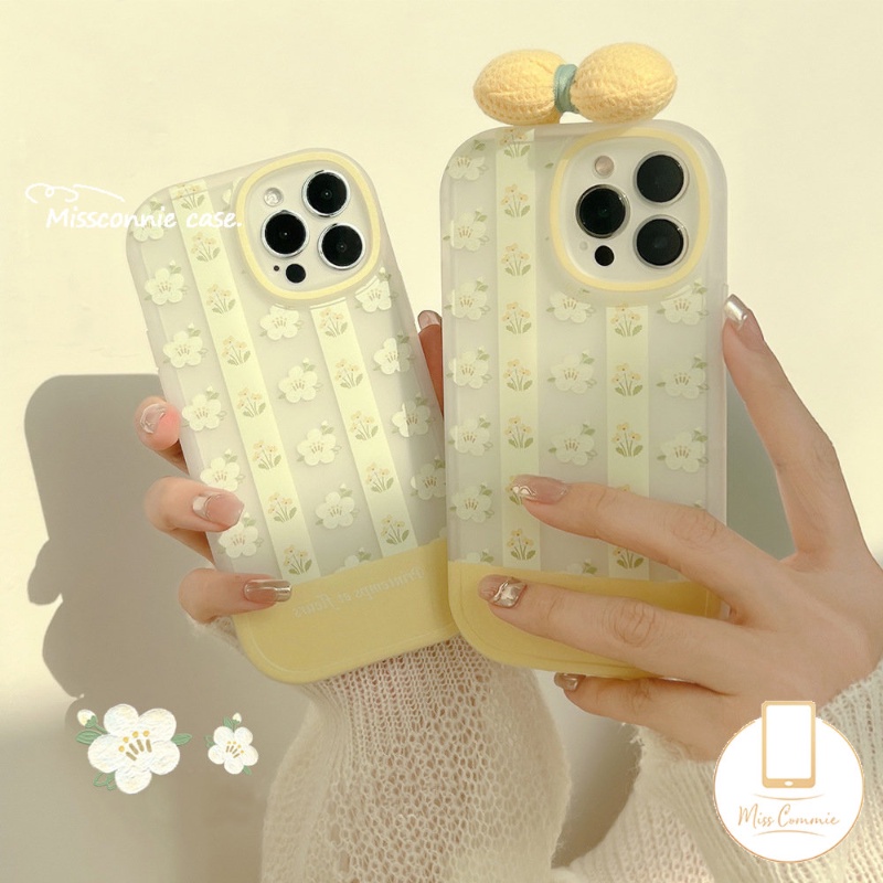 IPHONE 3d Bow-knot Hias Case Kompatibel Untuk Iphone11 14 13 12 Pro Max 7Plus XR 11 Pro Max X7 8 6 6s Plus XS Max SE 2020 INS Fashion Retro Bunga Kuning Telepon Lembut Tpu Cover