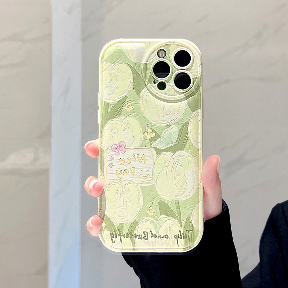 IPHONE Musim Panas Hijau Tulip Lukisan Minyak Bulat Pelindung Lensa Kamera Lembut Ponsel Case Cover Untuk Iphone7 8 PLUS X XR XS 11 12 13 14 PRO MAX SE 2020