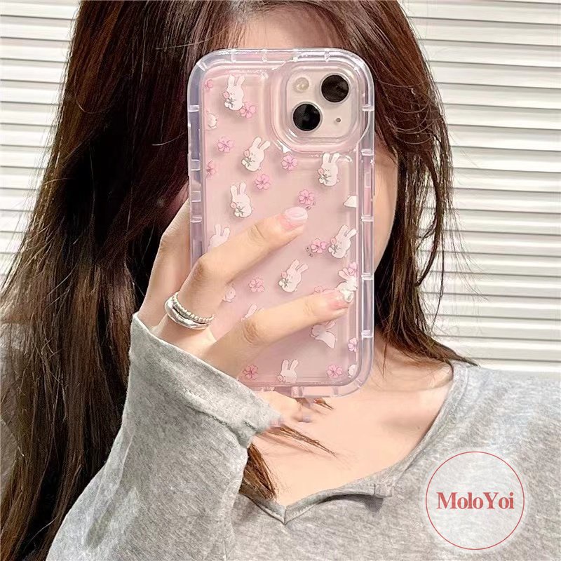 IPHONE Lucu Kartun Kelinci Cover Kompatibel Untuk Iphone11 7Plus 8Plus XR 14 13 12 Pro MAX 6 6S Plus X XS MAX Ins Fresh Flower Airbag Shockproof Transparan Tpu Soft Phone Shell Case