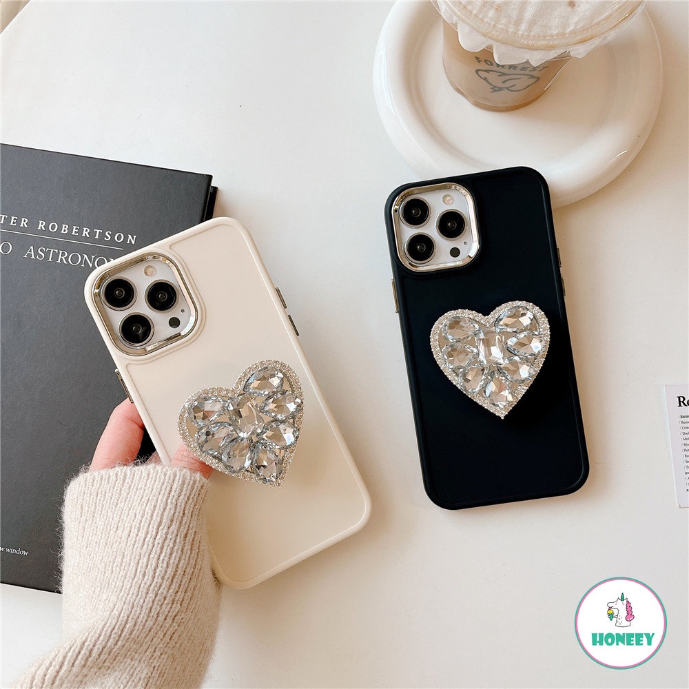 IPHONE Mewah Kristal Berlian Cinta Hati Cermin Ring Holder Stand Soft Phone Case Untuk Iphone11 13 Pro Max14 12 Pro 11 Cover