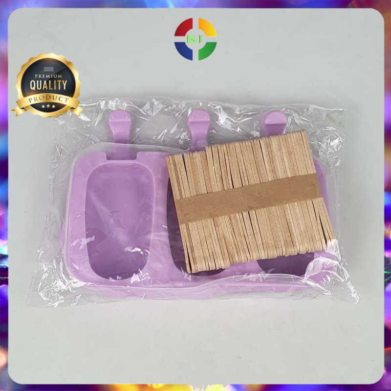 Cetakan Es Krim 3 Hole Silicone Mold Dessert with 50 Popsicle Stick Oval No Color