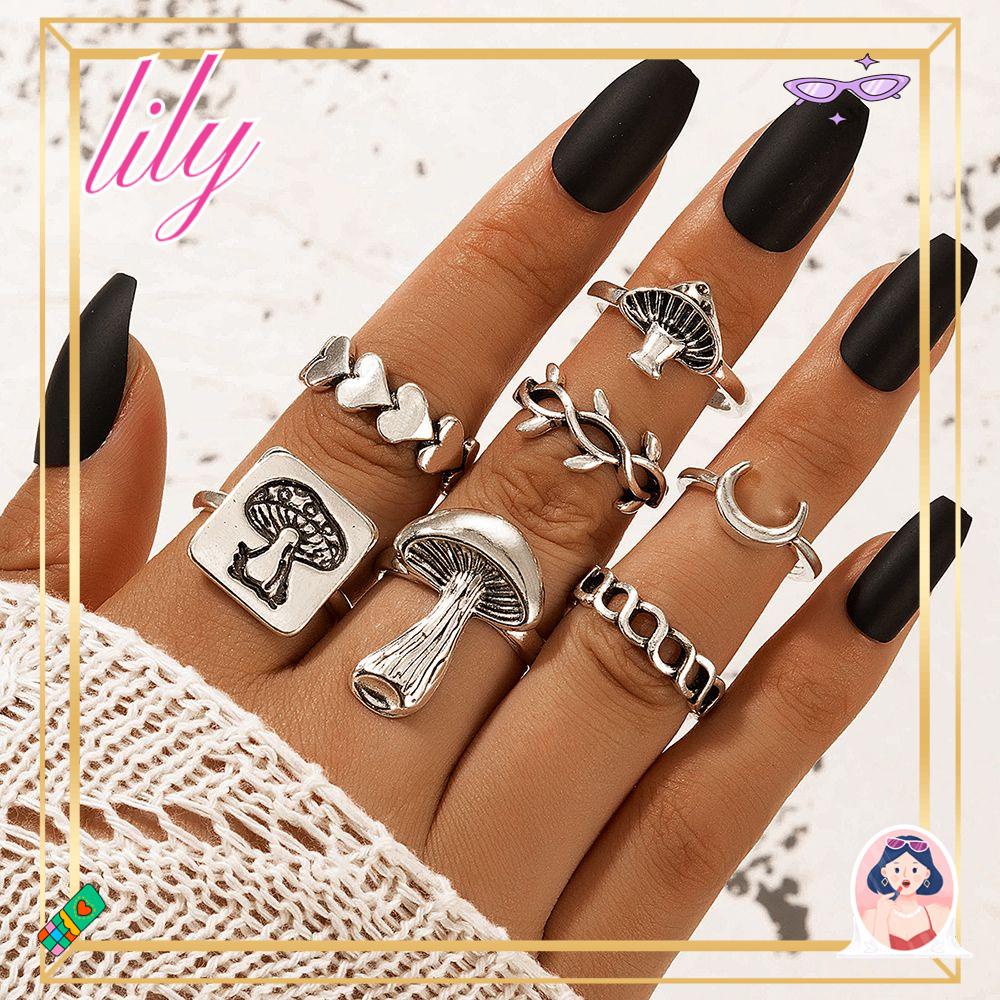 Lily 7 Pcs Cincin Baru Fashion Wanita Cinta Hati Bulan Perhiasan Retro Terbuka Cincin