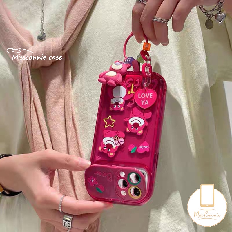 Flip Make Up Mirror Case Untuk Oppo A57 A12 A7 A15 A15s A3s A5s A53 A9 A5 A31 A33 2020 A77 A35 A77S A11K Rose Red Kartun Lucu Strawberry Bear Manyo Shockproof Soft Phone Cover