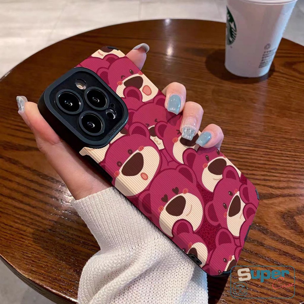 Luxury Leather Texture Lovely Phone Case Kompatibel Untuk iPhone 7Plus 8Plus XR X11 14 13 12 Pro MAX XS MAX Kartun Strawberry Bear Manyo Shockproof Soft Silicon Cover