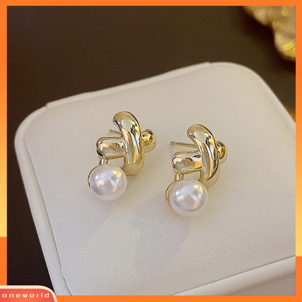 [EONE] 1pasang Ear Studs Electroplating Golden Cross X Shape Geometris Elegan Mini High Gloss Mutiara Imitasi Wanita Anting Fashion Perhiasan