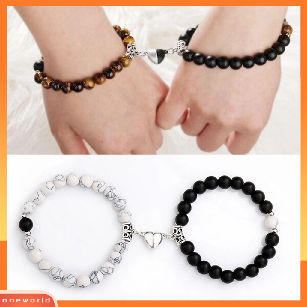 [EONE] 1pasang ic Gelang Unisex Elastis Handmade Liontin Hati Tahan Aus Aksesori Hias Buatan Batu Jarak Jantung Pasangan Gelang Untuk Hari Valentine