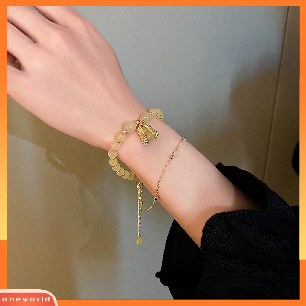 [EONE] Wanita Gelang Dua Lapis Manik-Manik Kristal Imitasi Emas Link Rantai Adjustable Kacang Liontin Wanita Bangle Fashion Perhiasan