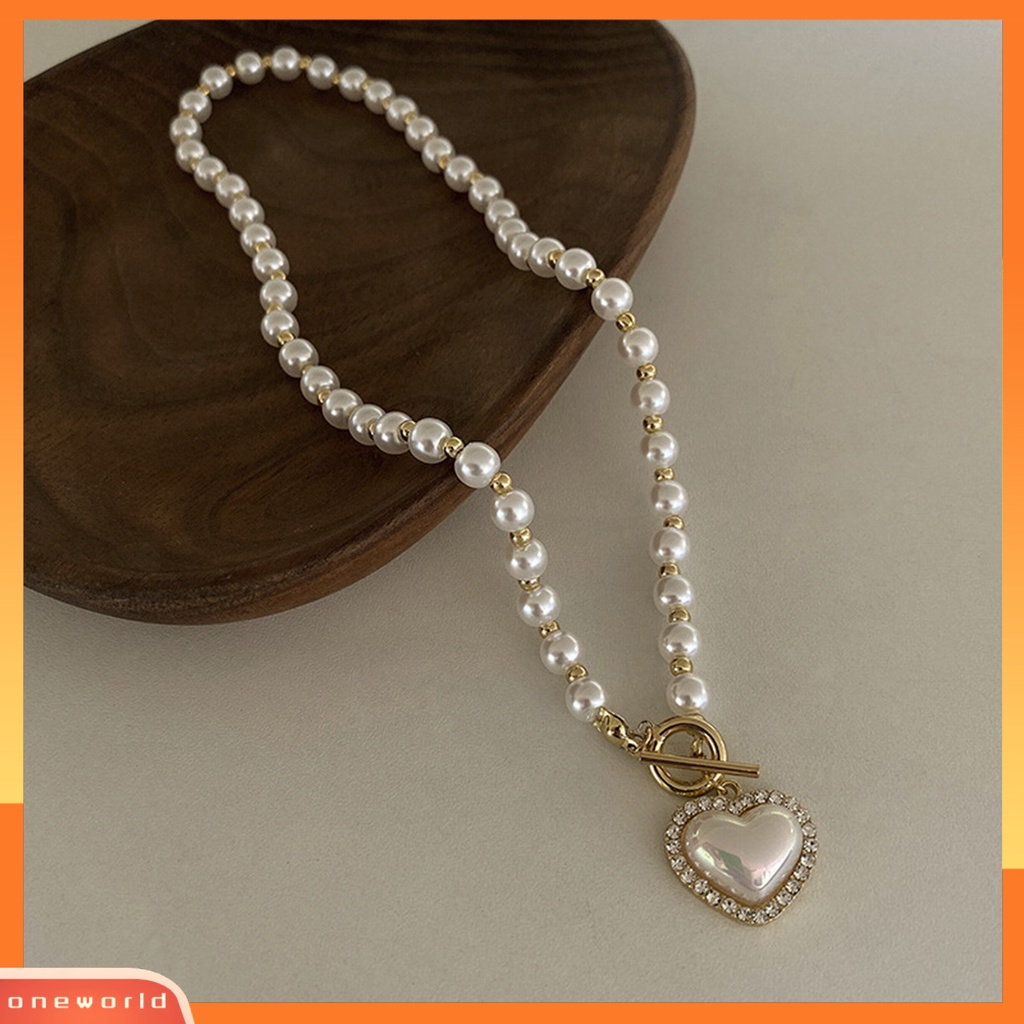 [EONE] Klavikula Kalung Elegan Jantung Shell Liontin Manik Manis Mengkilap Hias Hadiah Wanita Besar Putih Mutiara Imitasi Kalung Pesta Perhiasan