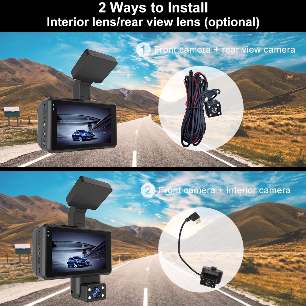 Dash Cam Mobil 3 Inch IPS Screen 1440P Dual Lens Front Inside Rear Rearview 24-hour Parking Monitoring Loop Recording