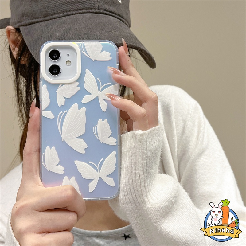 Kualitas Tinggi Laser IPhone Case Kompatibel Untuk Iphone14 13 12 11 Pro Max X Xr Xs Max 8 7 6 Plus SE 2020 Putih Kupu-Kupu Double-layer Printing Phone Case Shockproof Soft TPU Cover