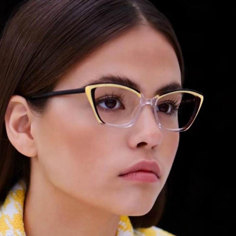 (YUZHU) Western Fashion Dazzling Contrast Anti Blue Light Eyeglasses Untuk Wanita Retro Fashion TR90 Cat Eye Eyeglasses