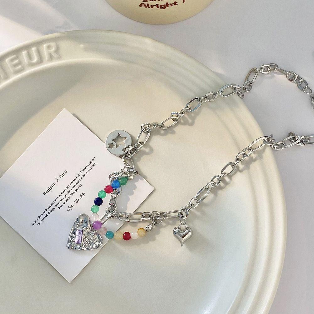 Mxbeauty Y2K Wanita Kalung Trendi Indah Halus Mutiara Busur Hati Tergantung Manik-Manik Paduan Gadis Choker