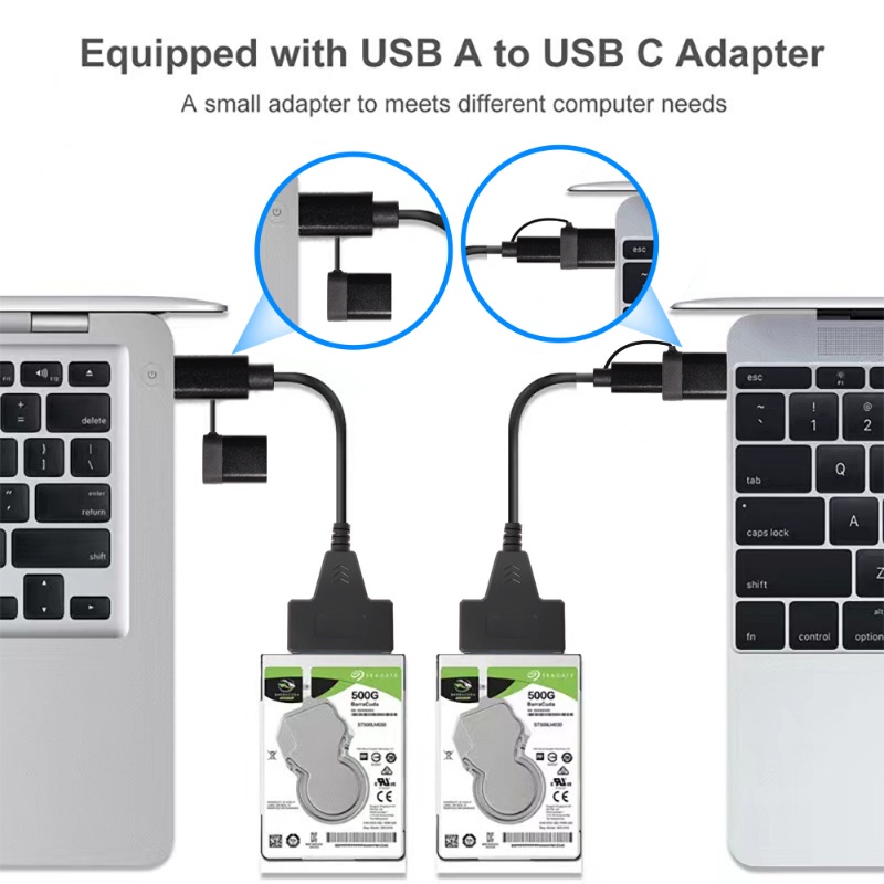 Kabel Data Portable SATA Ke USB Type-C Dual Ports/Kabel Adaptor Hardisk Eksternal 2.5 Inchi/Kabel Sambung SSD Handphone Komputer