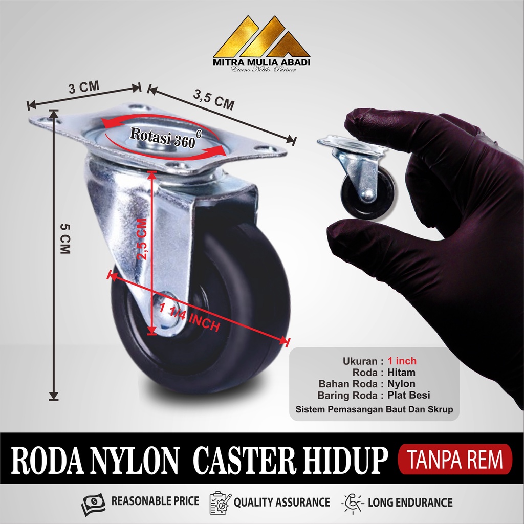 Roda Caster Hitam  Roda Nylon Roda Koper Hidup Tanpa Rem Per PCS