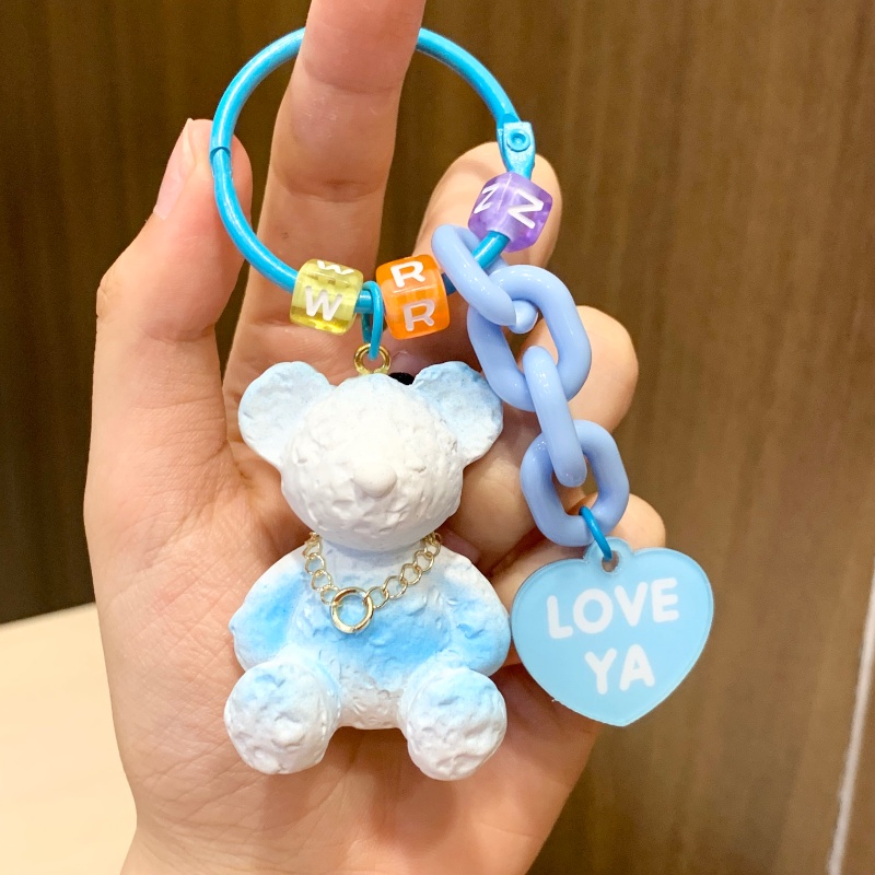 Rendering Gradient Bear Kreatif Resin Gradient Keychain Keren Permen Warna Beruang Hewan Mobil Tali Kulit Gantungan Kunci Gadis Cowok Ransel Liontin Hadiah Surat