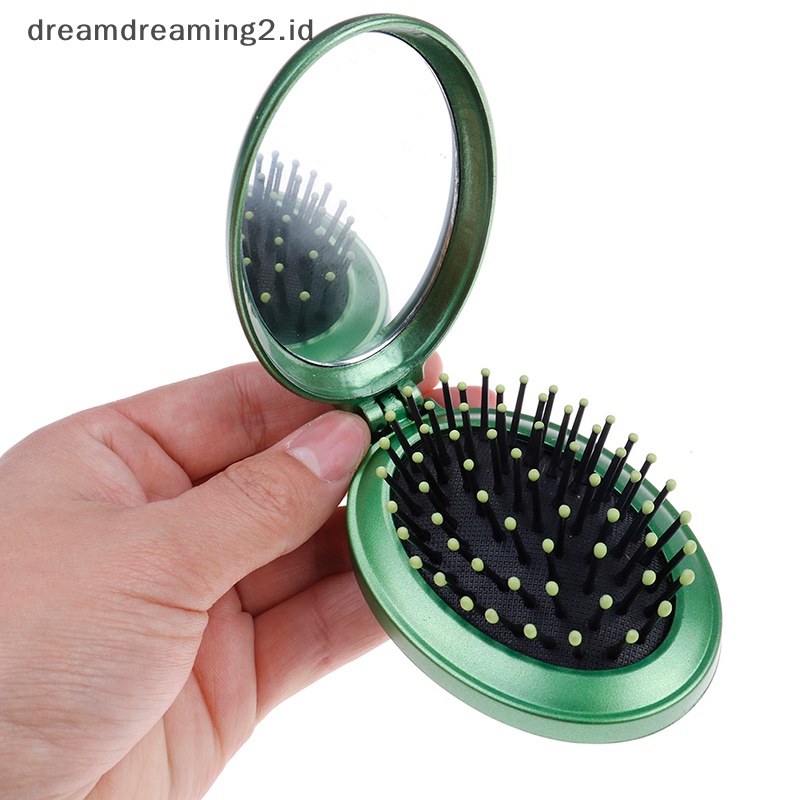 (drea) Sikat Rambut Lipat Portable travel Dengan Cermin compact pocket size comb gifts//
