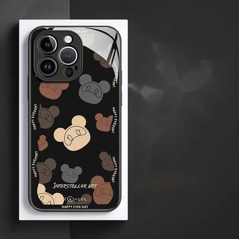 IPHONE Casing Ponsel Kaca Anti Jatuh Beruang Silver Dan Hitam Kompatibel Dengan Iphone12 13 14 11 Pro Max X Xs Max Xr Kkjn