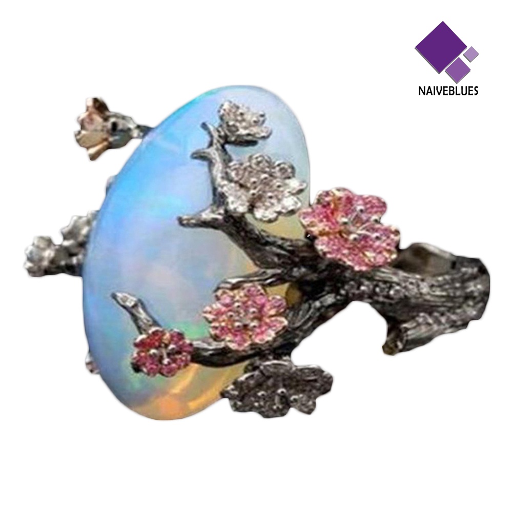 &lt; Naiveblues &gt; Vintage Wanita Faux Opal Plum Blossom Bunga Two Tone Cincin Perhiasan
