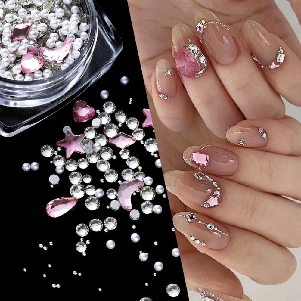 Mxbeauty Kuku Berlian Imitasi Wanita Cinta Hati Aurora Flat Bottom Drills Stars Manicure Aksesoris Mutiara Dekorasi Kuku