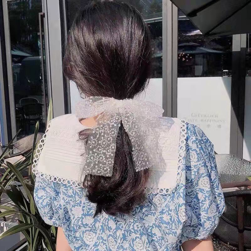 Ikat Rambut Mutiara Karet Temperamen Vintage Renda Mutiara Busur Simpul Band Tali rambut Gelang Wanita Perhiasan - SG