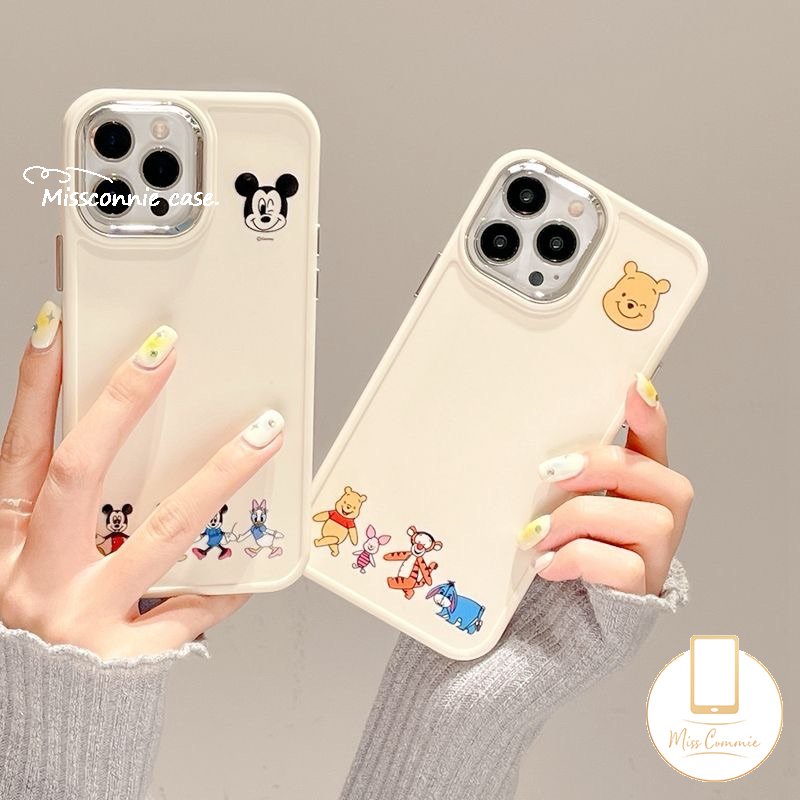 Caroon Disney Mickey Minnie Mouse Case Kompatibel Untuk IPhone 11 12 14 13 Pro MAX 7plus X XR 7 8 Plus XS MAX 8plus Cute Winnie The Pooh Bear Plating Metal Frame Lensa Soft Cover