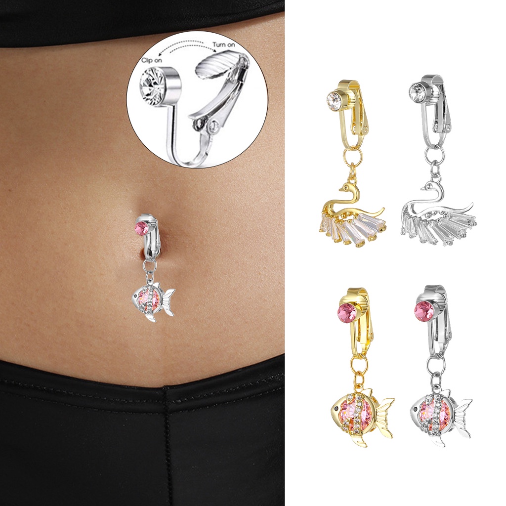 Pantai Aksesoris Perut Palsu Cincin Emas Ikan Angsa Stainless Steel Wanita Belly Button Ring Clip On Pusar Fashion Tulang Rawan Klip Non-piercing 1 Pc