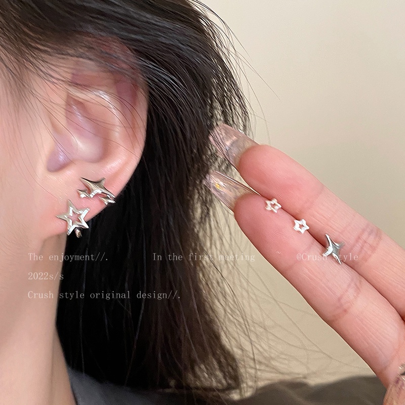 6pc/set Anting Perak Kristal Zirkon Bintang Berujung Lima Earrin Untuk Aksesoris Perhiasan Fashion Wanita