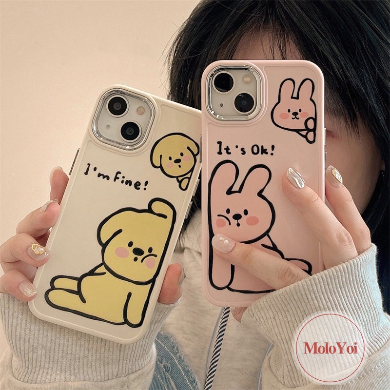 IPHONE Lukisan Cat Minyak Mewah Lucu Anjing Kelinci Ponsel Case Kompatibel Untuk Iphone11 12 13 14 Pro Max7 8 Plus XR X XS MAX Pecinta Lucu Kartun Soft Plating Metal Lensa Frame Pasangan Cover