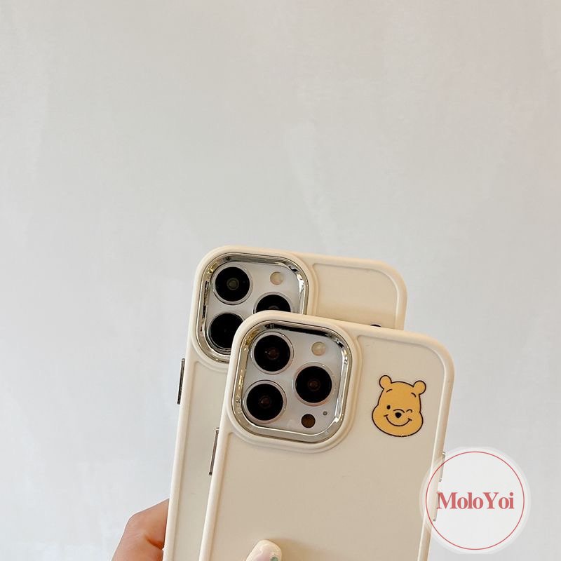 IPHONE Caroon Cute Disney Mickey Minnie Mouse Case Kompatibel Untuk Iphone11 12 13 14 Pro MAX X XR 7 8 Plus XS MAX Pasangan Winnie The Pooh Bear Mewah Plating Bingkai Lensa Metal Soft Cover