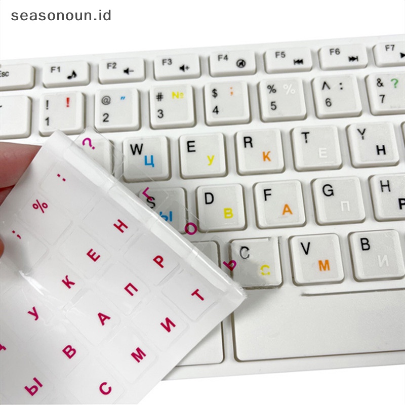 Seasonoun Stiker Keyboard Transparan Rusia Alfabet Bahasa Label Hitam Putih.