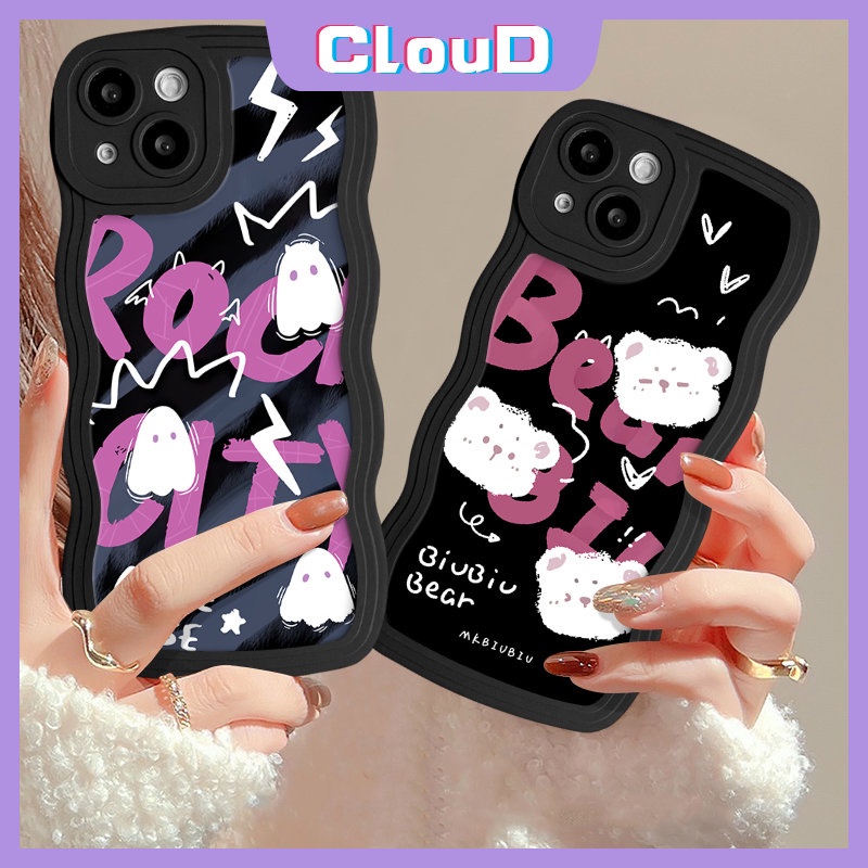 IPHONE Casing Tepi Bergelombang Kompatibel Untuk Iphone11 14 13 12 Pro Max 8Plus X 7Plus XR XS Max 6s 7 8 6 14 Plus SE 2020 Hantu Lucu Monster Kecil Kartun Beruang Huruf Lembut Tpu Phone Cover