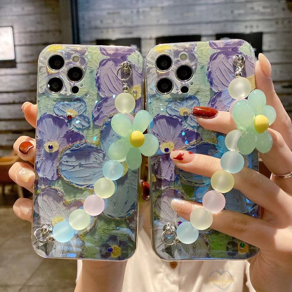 IPHONE Lukisan Minyak Berlian Cahaya Biru Desain Rantai Bunga Ungu Casing Ponsel Kompatibel Dengan Iphone12 11 Pro Max X Xs Max Xr bgvgb