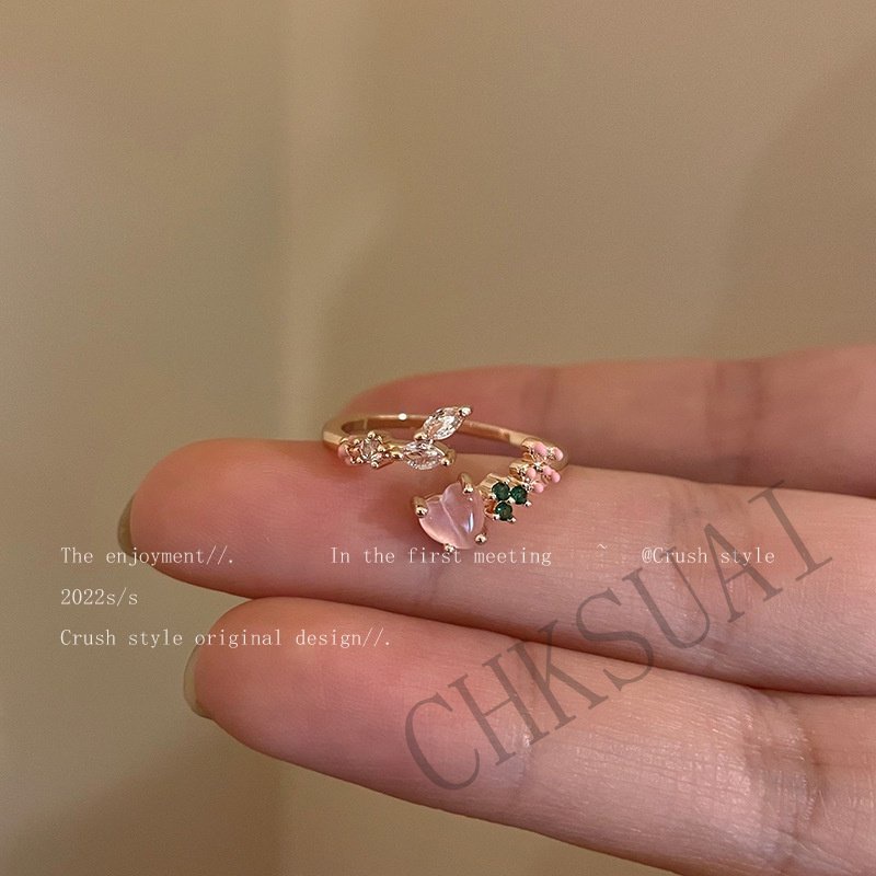 Cincin Bunga Wanita Ganda Hati Zirkon Terbuka Cincin Perempuan Desain Manis Niche Adjustable Ring