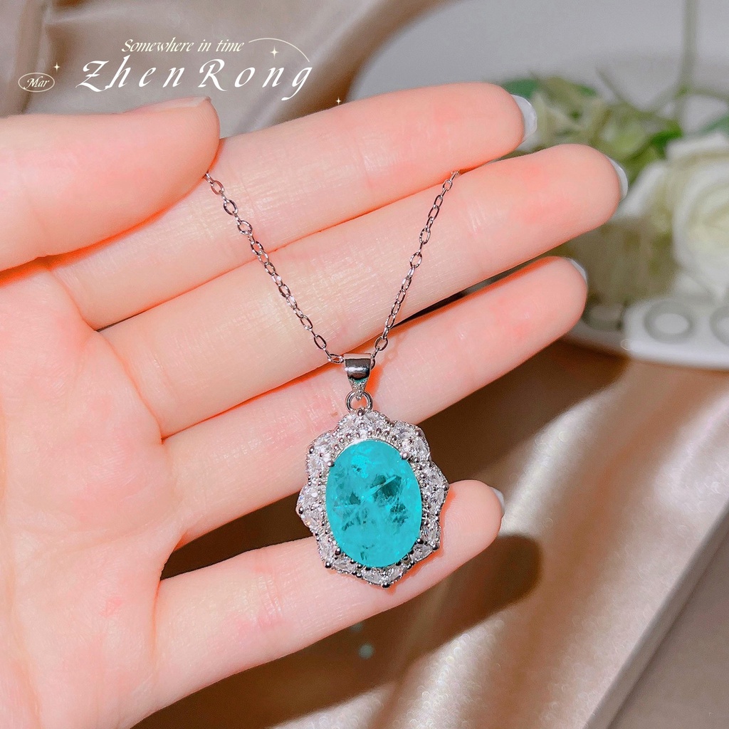 Goldkingdom Fashion Perhiasan Aksesoris Ready Stock Mewah Paraiba Safir Liontin Karat Karbon Tinggi Berlian Kalung Untuk Wanita