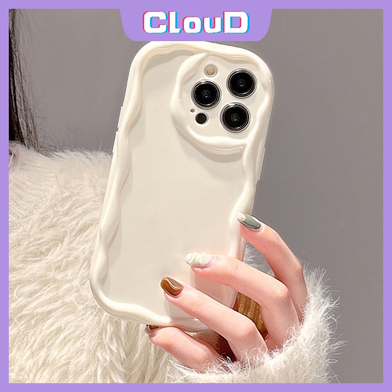 IPHONE Casing Ponsel Glossy Tepi Melengkung Bergelombang 3D Kompatibel Untuk Iphone11 13 14 12 Pro MAX XR7plus X XS Max7 8 Plus SE 2020 Fashion Sederhana Cat Air Gelombang Bingkai Bantal Tpu Soft Cover