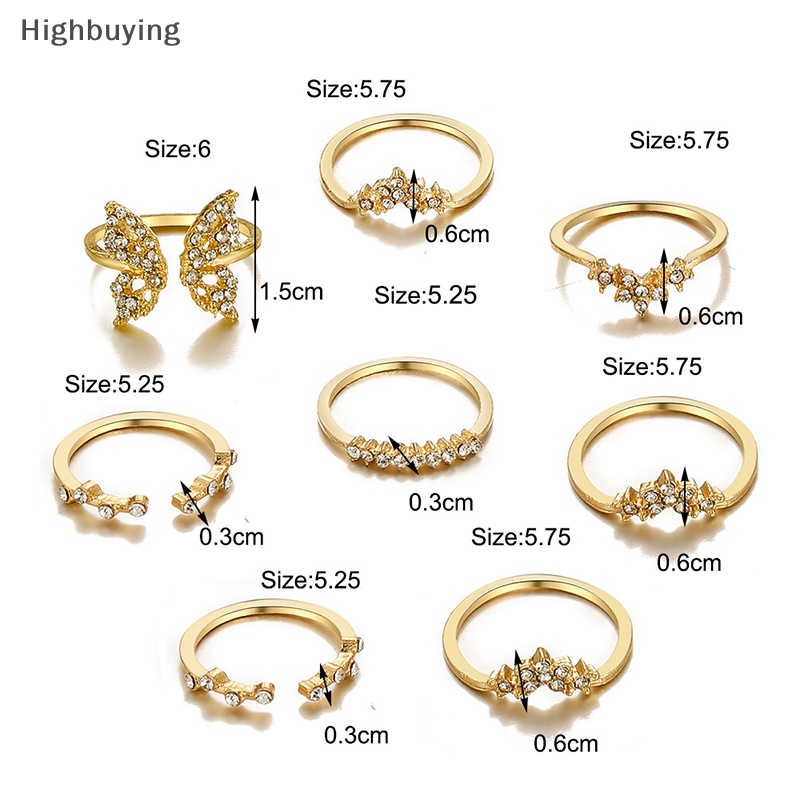 Hbid 8Pcs/Set Bohemian Butterfly Warna Emas Cincin Set Zirkon Bunga Daun Terbuka Cincin Untuk Wanita Sederhana Buku Jari Aksesoris Glory