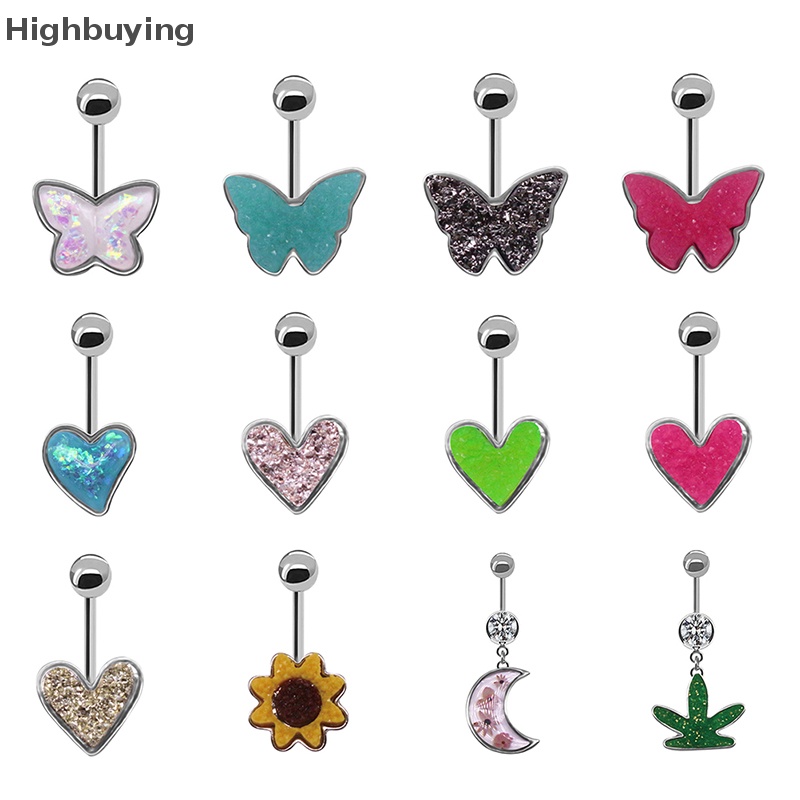 Hbid Fashion Hati Pusar Belly Button Rings Kupu-Kupu Daisy Bentuk Pusar Menjuntai Liontin Stainless Steel Perhiasan Tubuh Glory