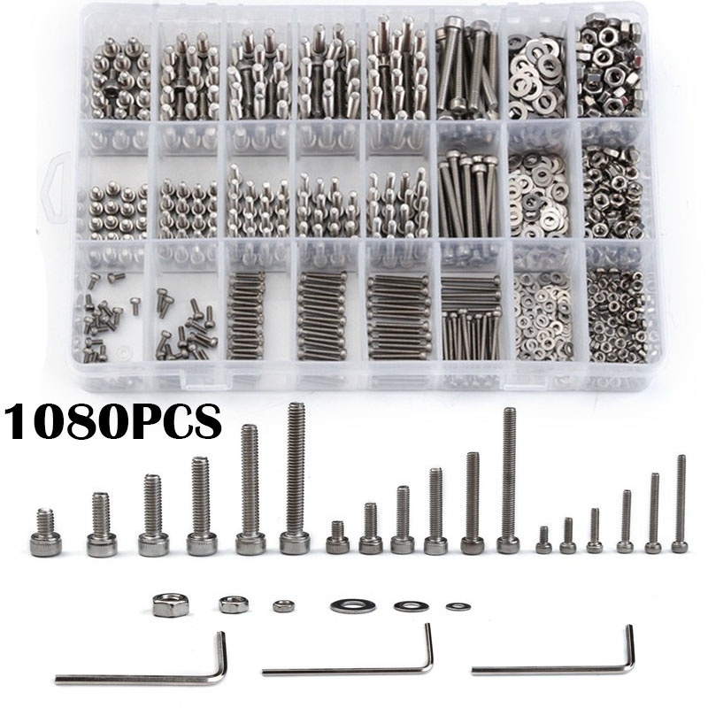 1080pcs/Set Baut Soket Mur dan Mur M2/M3/M4 Stainless Steel Hex Socket Bolt and Nuts Set Fastener Ha
