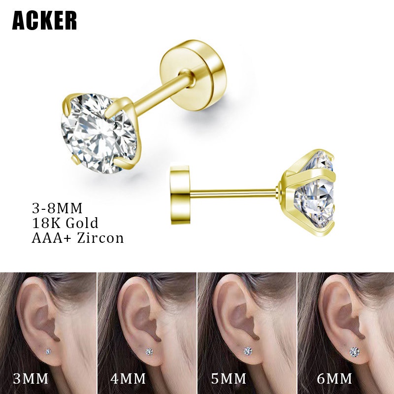 [ACKER] 3-8mm 1pasang 18K Gold Cubic Zirconia Titanium Stainless Berlian AAA+Zircon Anting Tusuk Untuk Wanita /Pria