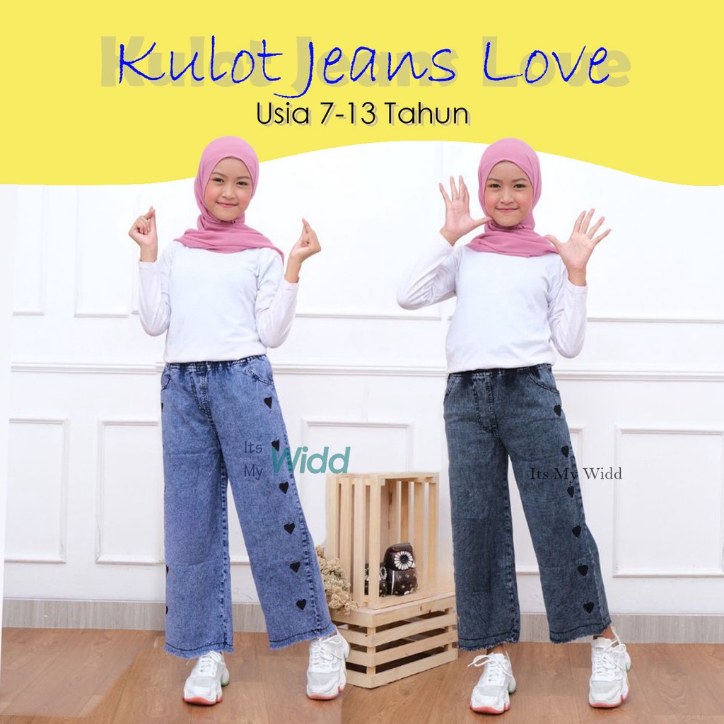 Kulot Jeans Anak Perempuan Umur 7 - 13 Tahun / Celana Kulot Levis Bordir Love Anak Tanggung/ Lucu ka