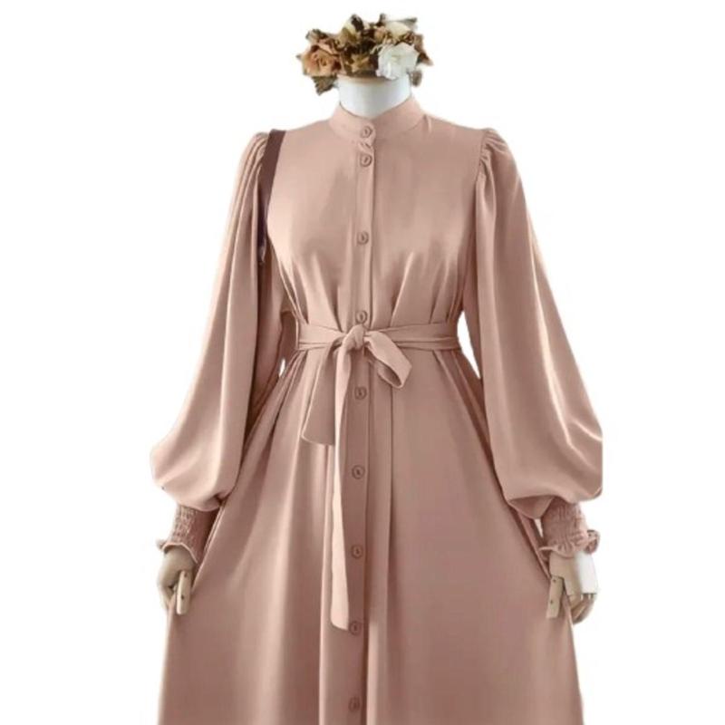 Bless Syarifah Gamis Elegan Lebaran Lengan Karet Balon Tali Pinggang Lemon Skin MAROON