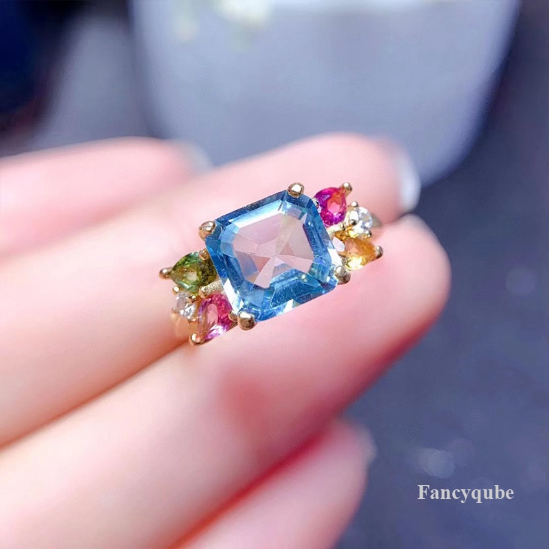 Baru Mewah Zamrud Cutting Santa Maria Buatan Aquamarine Laut Biru Topaz Cincin Untuk Wanita Warna Perak Perhiasan Pernikahan