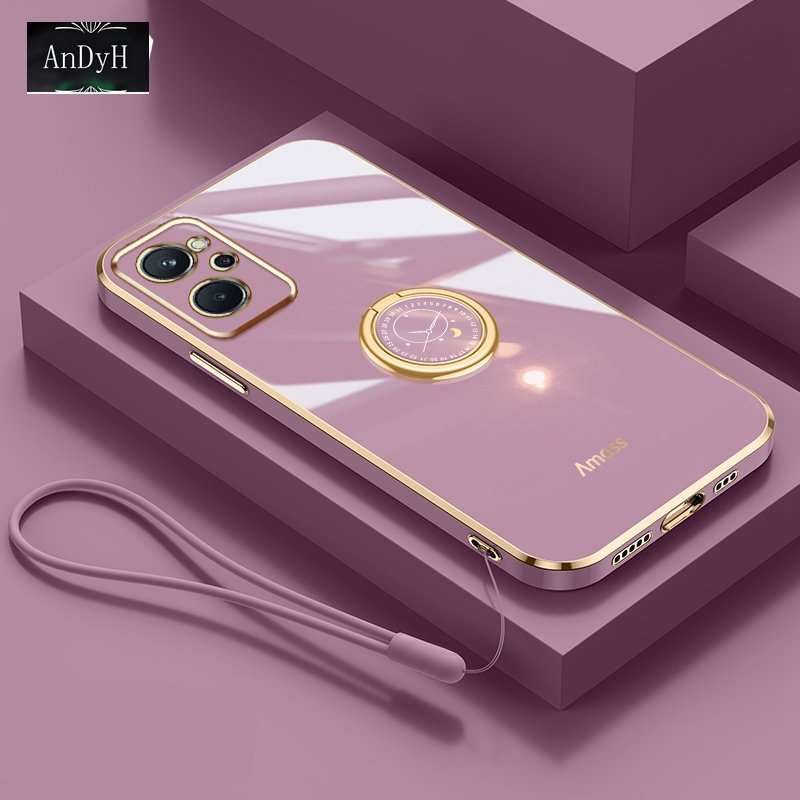 Andyh Casing Ponsel Silikon Ultra Tipis Untuk OPPO Realme 9i A96 K10 4G Deluxe Perlindungan Jatuh Band Emas Dengan Cincin Jam Dan Lanyard Gratis