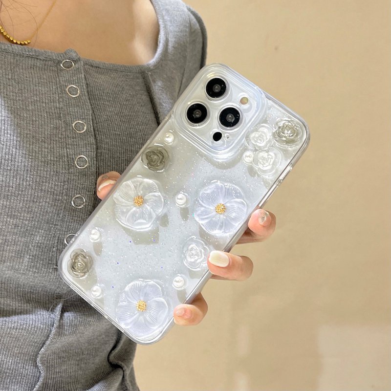 3D Crystal Laser Pearl lotus Soft Case for IPhone 7 8 Plus X XS XR XS Max 11 13 12 14 PRO Max 14 Plus Clear Phone Case for Girl Women Gift