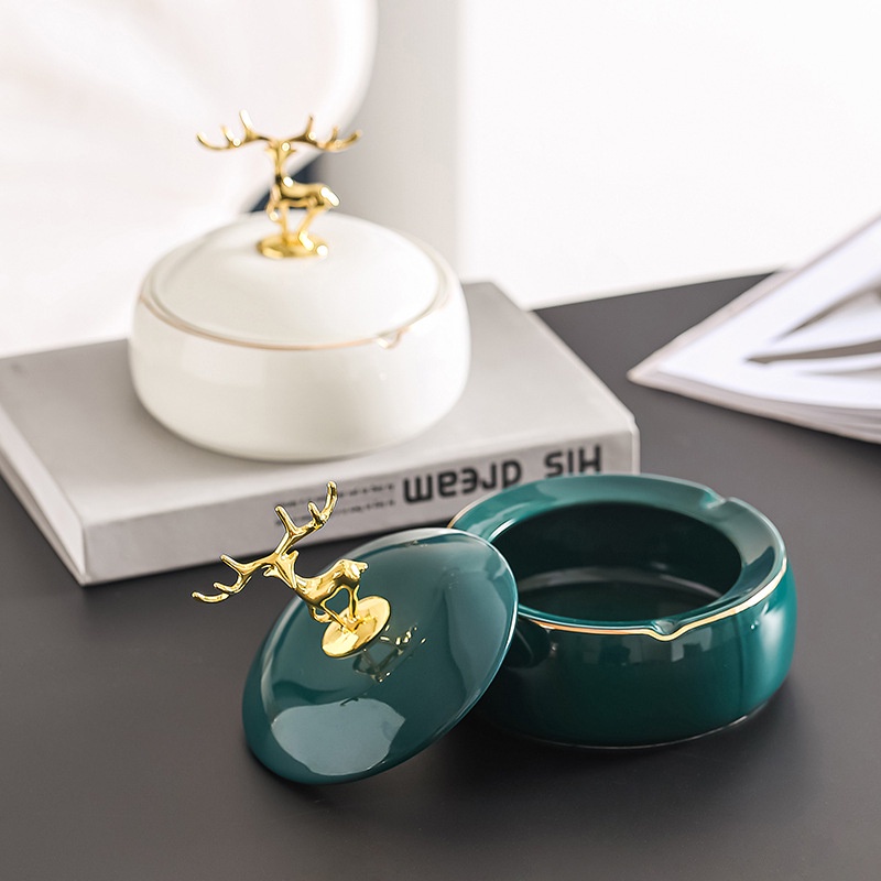 Asbak Keramik Mewah List Gold Dengan Tutupan Rusa / Asbak Bergaya Nordic / Asbak Mewah