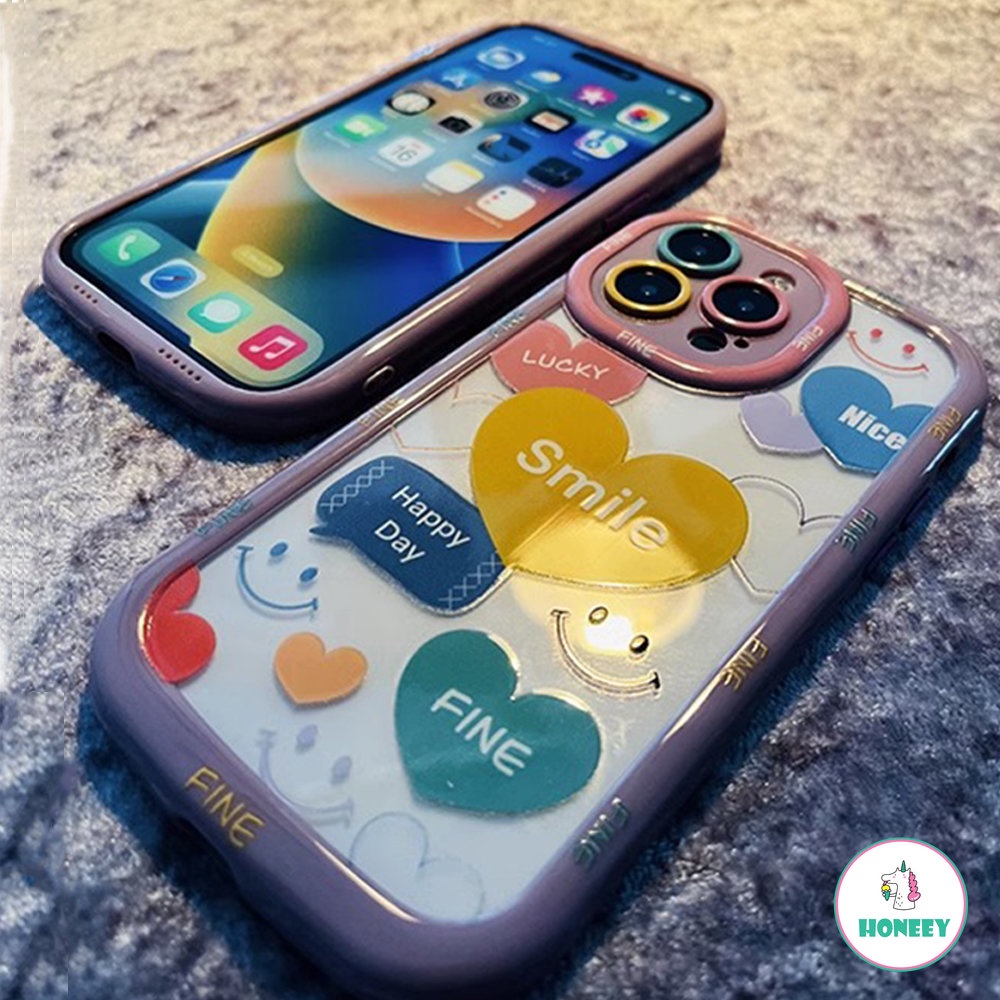 IPHONE Casing Ponsel Cinta Hati Wajah Senyum Lucu Untuk Iphone14 13 11 12 Pro Max Perlindungan Kamera Warna-Warni Permen Bening Soft Cover