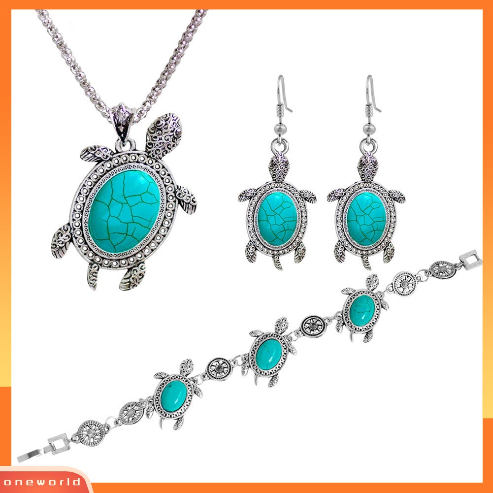 [ONE] 3pcs/set Wanita Retro Faux Turquoise Turtle Charm Anting Kalung Gelang